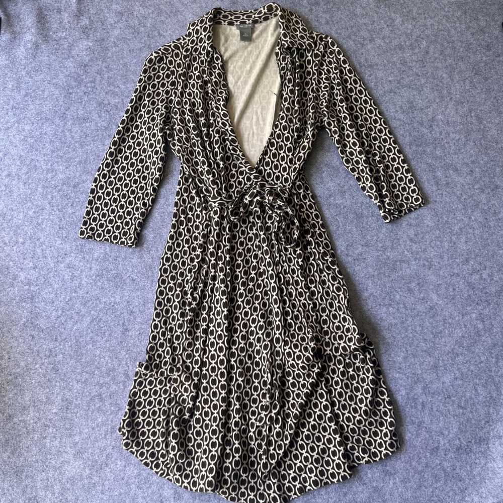Ann‎ Taylor Chain Link Wrap Dress 4 Brown White Geometric Jersey Knit